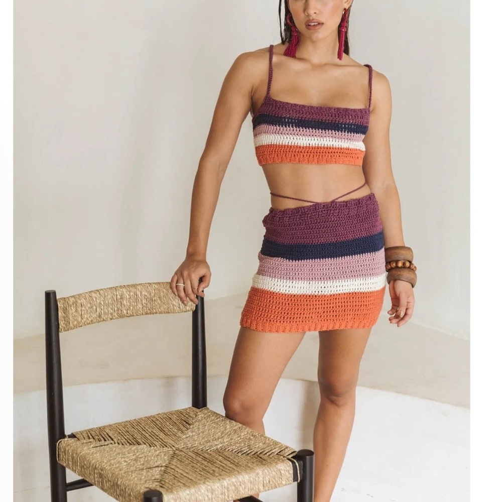 Soah Swim Gia Sunset Striped Crochet Crop Top + Mini Skirt Set - Picture 1 of 15